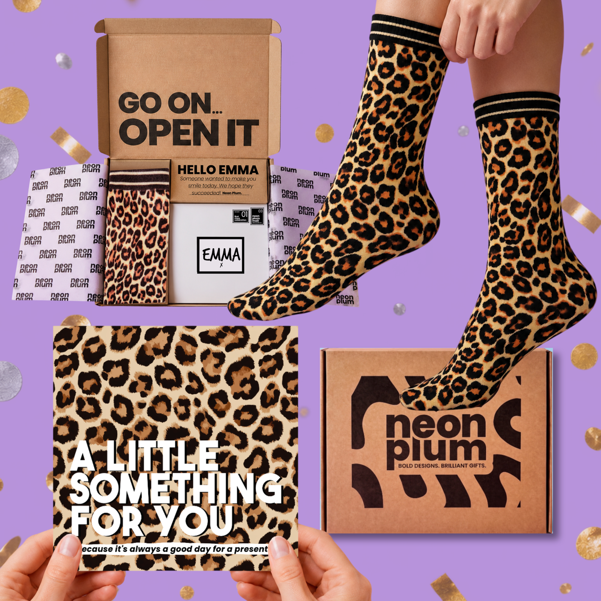 Leopard Pattern Letterbox Gift | Novelty Socks & Greeting Card Gift Box